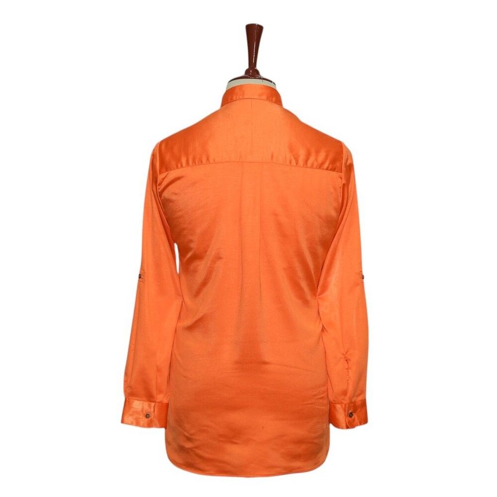 Womens Silky Satin Shirt Orange Blouse Button Up Casual Dressy Top Medium Work - Picture 2 of 7